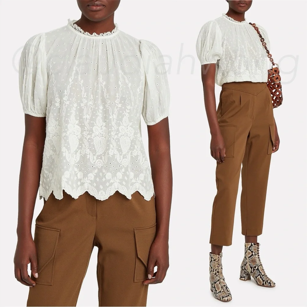 ✨RARE✨ ULLA JOHNSON Emmie Embroidered Lace Puff Sleeve Top in Blanc White
